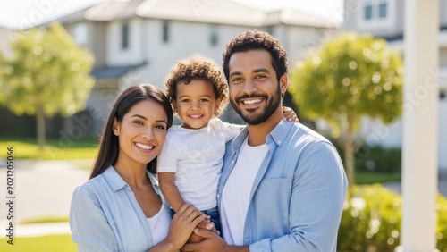 Smiling multiracial family with child posing in front of suburban homes