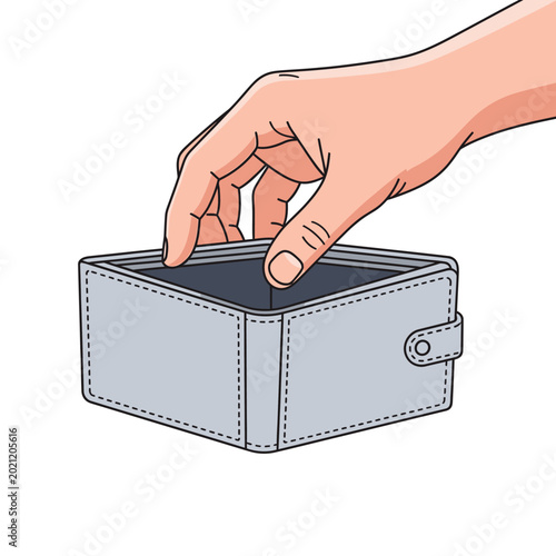 Hand touching the edge of an empty wallet against white background