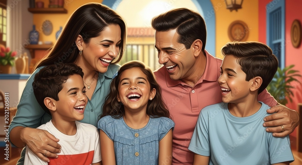 Obraz premium Smiling Hispanic family with parents and three children embracing in a colorful home