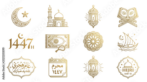Golden Islamic New Year 1448 icon set featuring crescent moon, mosque, lanterns, and traditional Arabic elements