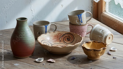 Handcrafted Pottery Collection on Rustic Wooden Table