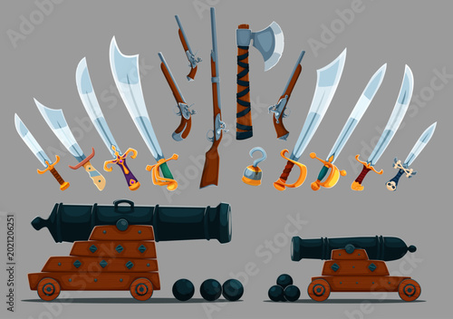 Billede på lærred Pirate cold steel arms, weapons and cannons