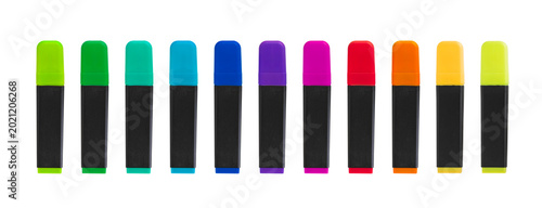 A collection of rainbow coloured highlighter marker pens for art drawing lessons when going back to school or for the office isolated against a transparent background.