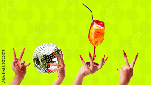 Aperol style cocktail with disco ball and peace hands on neon green background. Concept of summer bar promo  party flyer  nightlife branding and bold beverage ad.
