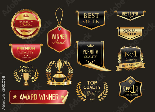 Award. Gold award badges with laurel wreaths, crowns and trophies symbols. Golden award winner emblems flat design 