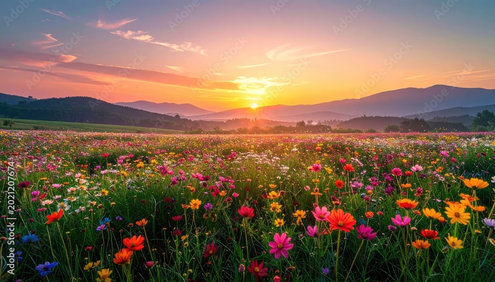 Obraz premium Vibrant field of wildflowers at sunset with colorful sky and mountain range