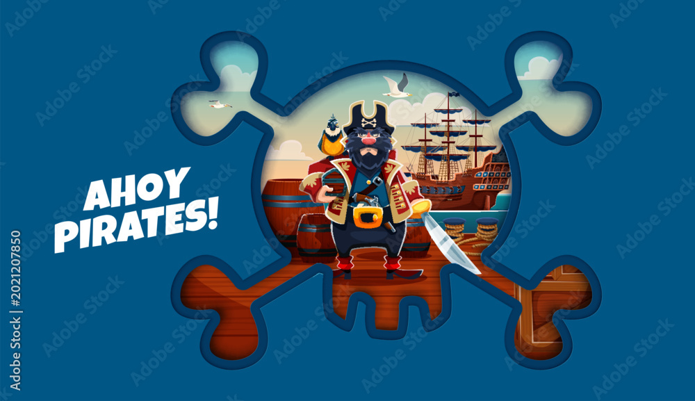 Fototapeta premium Paper cut pirate banner, captain with parrot and cutlass standing on wooden deck beside barrels and a moored galleon within skull and crossbones shaped 3d frame and Ahoy Pirates swashbuckling motto