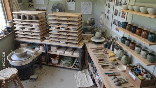 Creative Pottery Studio with Tools and Finished Ceramics