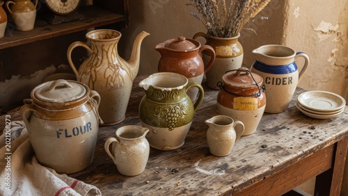 Rustic Kitchen Decor with Vintage Ceramic Jars and Pitchers