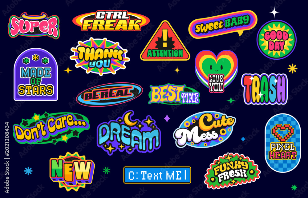 Fototapeta premium Retro Y2K stickers and patch labels set with rainbow heart smile and pixel quotes, cartoon vector. Y2K retro stickers and patch labels with night moon dream, rainbow text letters and Thank You badge