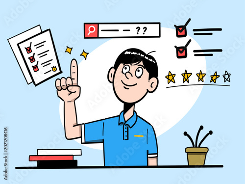 Cartoon Man with Online Reviews - Vector illustration of smiling worker pointing at checklist, search bar, and star rating. Ideal for customer feedback, satisfaction, and business concepts