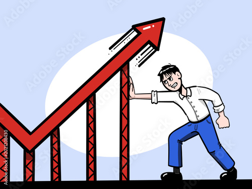 Cartoon Businessman Supporting Rising Graph - Vector illustration of determined man pushing up the pillar of a large red upward arrow. Ideal for business growth, support, success, and progress concept
