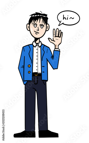Cartoon Man Waving Hello - Vector illustration of friendly young man in blue jacket waving hand with 