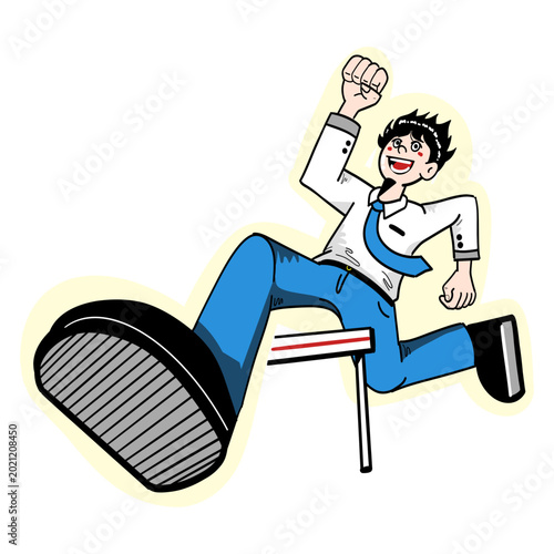 Cartoon Businessman Jumping Hurdle - Vector illustration of determined man in suit leaping over hurdle with fist raised. Ideal for success, overcoming obstacles, achievement, and motivation