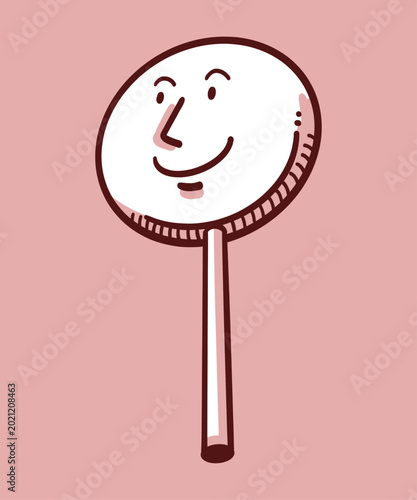 Smiling Face Sign on Stick - Cartoon vector illustration of happy round face character with simple smile on paddle sign. Ideal for positive feedback, greeting, and cute icon designs
