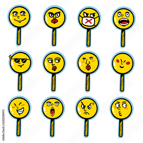 Yellow Emotion Sign Set - Cartoon vector illustration of 12 various facial expression signs on sticks. Ideal for feedback, reactions, stickers, and communication designs
