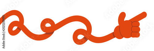 Wavy Orange Ribbon Pointing Hand - Vector illustration of flowing curly orange line ending with a pointing finger gesture. Ideal for direction, navigation, call to action, and flow design elements
