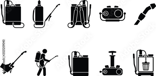 Bild auf Leinwand Agricultural Pressure Sprayer and Pesticide Equipment Silhouette Vector Icon Set