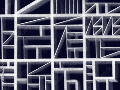 Abstract Geometric Maze Structure - Monochrome high-contrast white grid and labyrinth pattern on dark background with grainy texture. Ideal for modern art, architecture, and abstract backgrounds