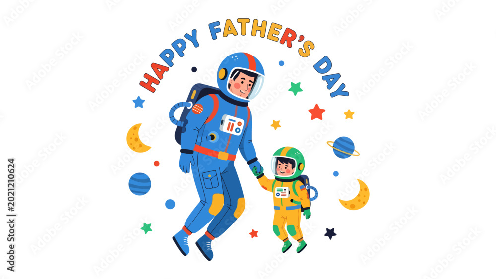 Αυτοκόλλητο Father's Day in Space: A heartwarming illustration of a father and child astronaut duo floating in space with the words Happy Father's Day