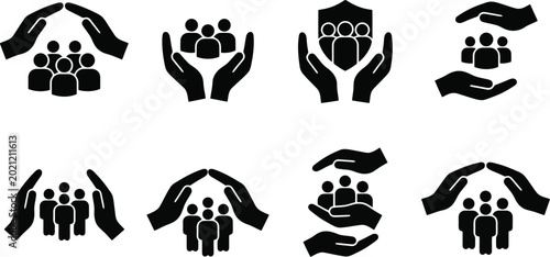 Schilderij op canvas Family Insurance and Community Protection Hands Vector Icon Set for Life Coverag