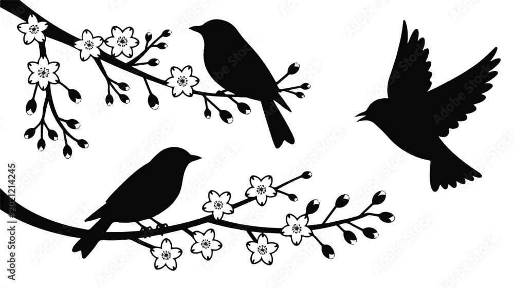 Fototapeta premium Silhouette of birds on a flowering branch with one flying bird