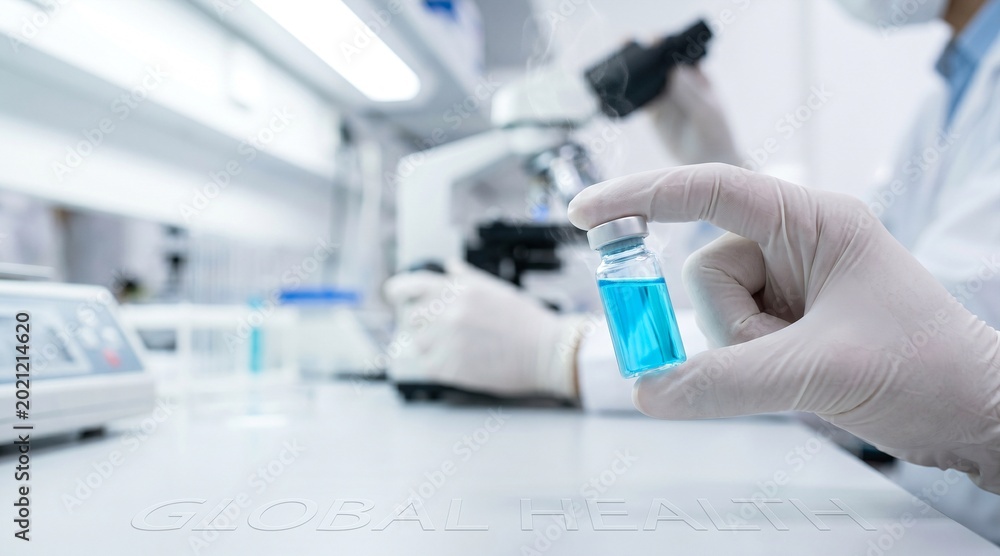 Fototapeta premium Scientist hands holding vial with glowing liquid in laboratory, global health concept, copy space