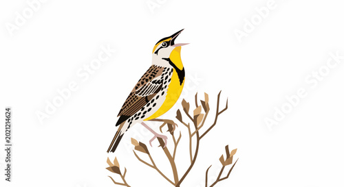 Stylized illustration of a meadowlark bird with yellow breast perched on branches