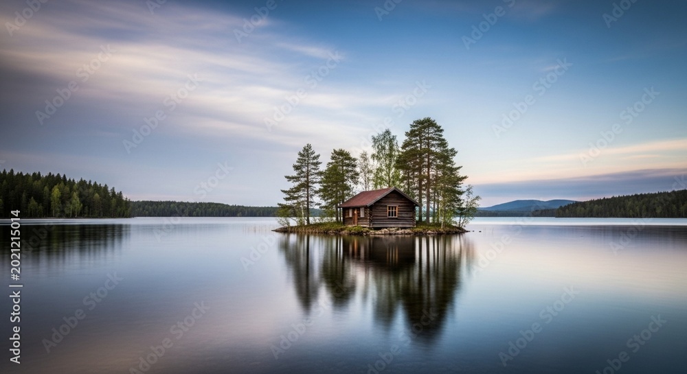 Fototapeta premium Rustic cabin on a small island with pine trees amidst a vast tranquil lake under a calm sky