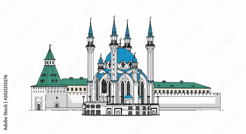 Obraz premium Stylized illustration of a mosque with minarets and a fortified tower