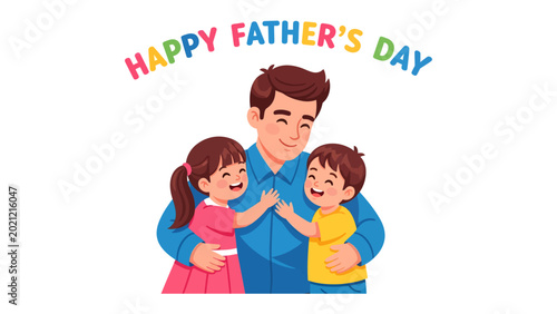 Fotografi Happy Father's Day: A heartwarming illustration captures a father embraced by his children, embodying the essence of paternal love and celebration of Father's day