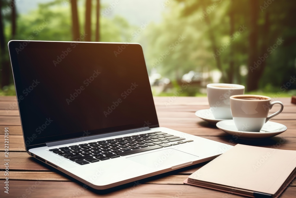 Fototapeta premium Laptop, two coffee cups, and a notebook sitting on a wooden table with a blurred green background