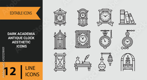 Fotografi Dark Academia Antique Clock Collection With Timeless Vintage Decor Outline Icons