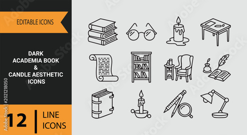 Dark Academia Book Candle Arrangement With Moody Study Room Outline Icons