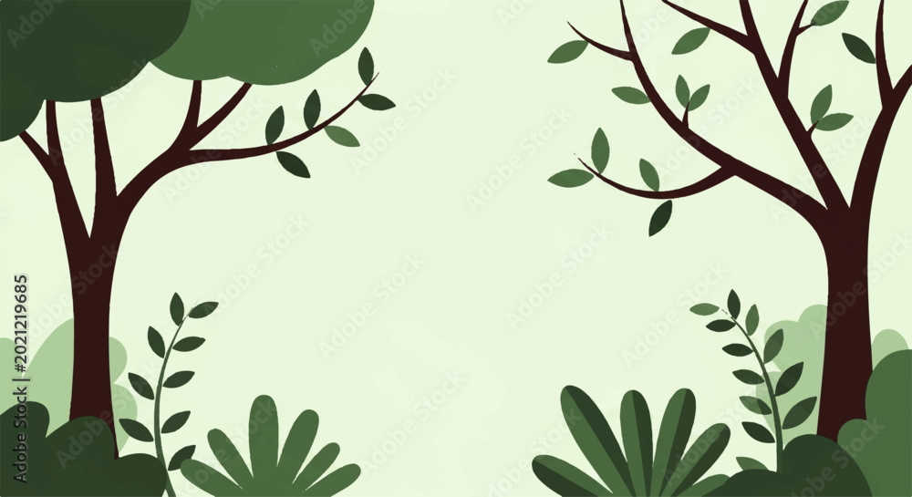 Fototapeta premium Vector flat design illustration of lush green trees and foliage in a serene natural landscape setting