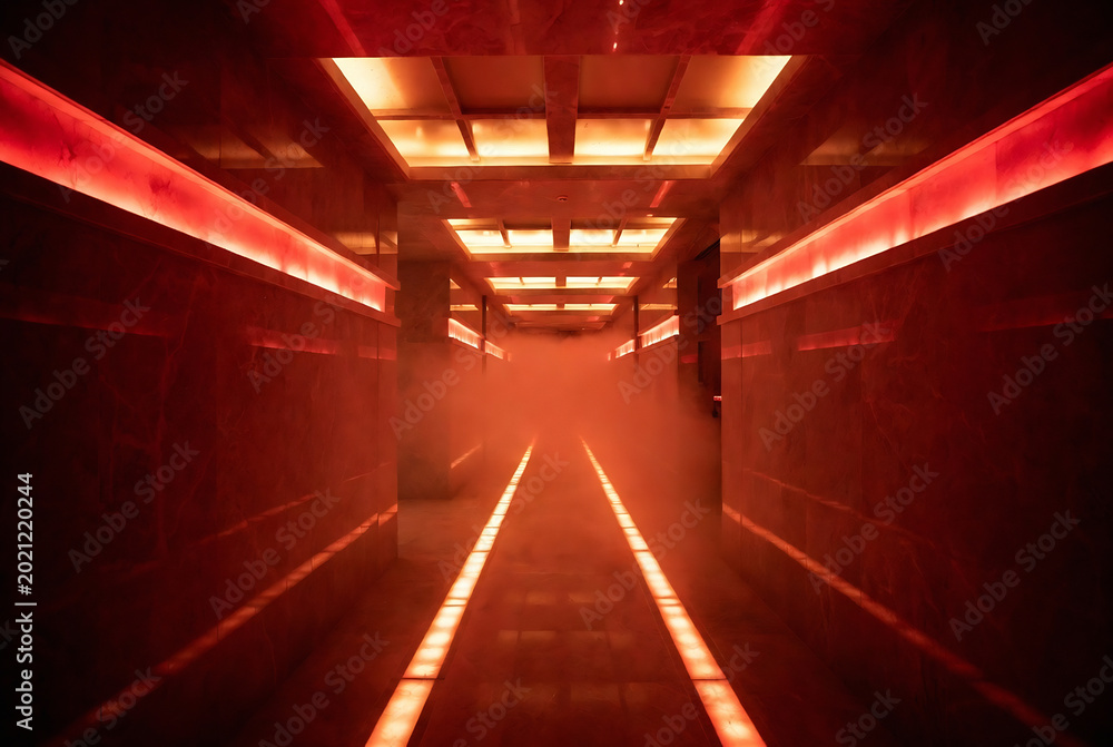 Fototapeta premium A long, red-lit tunnel with illuminated lines leading into the distance.