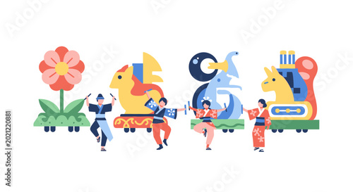 Tableau sur toile Japanese festival parade with dancers and decorated floats, flat design