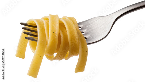 Bild auf Leinwand Fettuccine pasta twirled on a metal fork, isolated on transparent background