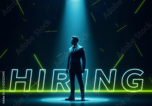 Hiring neon text businessman standing under spotlight