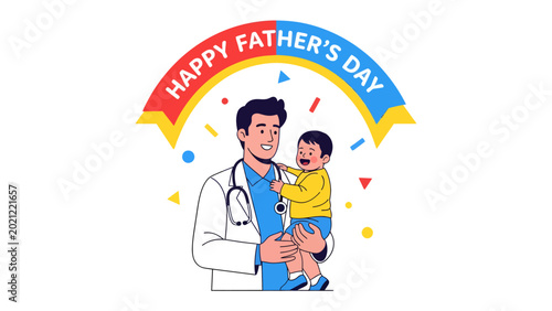 Schilderij op canvas Father's Day Illustration: A heartwarming illustration features a caring father, dressed in a doctor's coat, tenderly holding his child, celebrating Father's Day