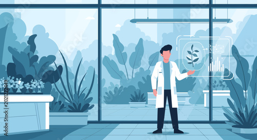 Man in lab coat holding leaf.