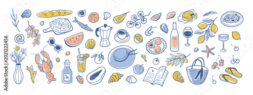 Εκτύπωση καμβά Collection of Mediterranean food, fruits and seaside lifestyle items