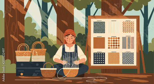 Man making wicker basket outdoors.
