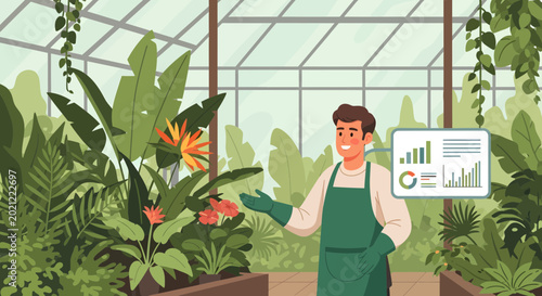 Man wearing green apron in greenhouse.