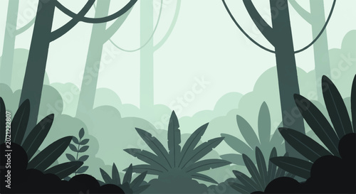 Foto Vector flat design illustration of a lush jungle canopy with dense foliage and h