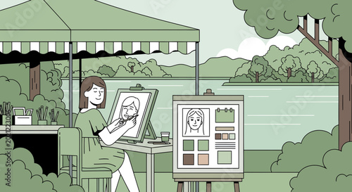 Woman painting on an easel outdoors.