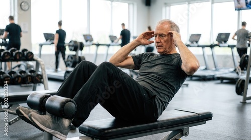 An elderly man performs a crunch exercise on a weight bench in a gym. He is focused and concentrating on his workout.