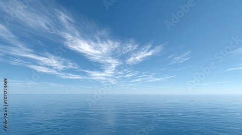 Transparent Blue Open Sea With Cirrus Clouds, Minimal Empty Niche Widescreen