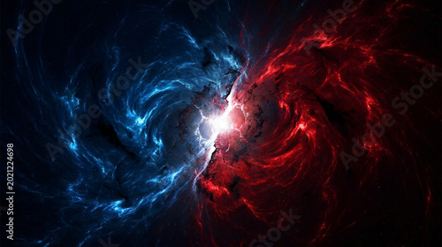 Dramatic cosmic background showing a clash of swirling blue and red energy nebulae with a bright glowing center rift.