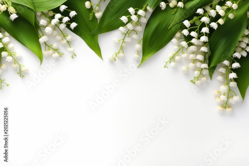 Lily of the valley flowers and green leaves creating a floral border